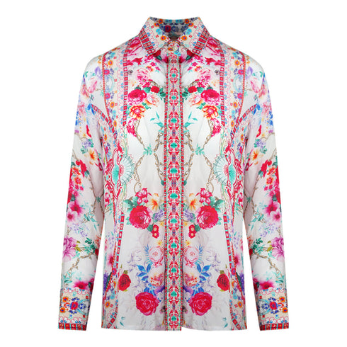 Inoa Rosetto Gardenia White Floral Long Sleeve Blouse Silk Shirt