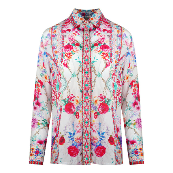 Inoa Rosetto Gardenia White Floral Long Sleeve Blouse Silk Shirt