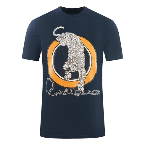 Cavalli Class Circular Leopard Logo Navy Blue T Shirt