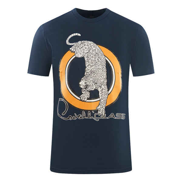 Cavalli Class Circular Leopard Logo Navy Blue T Shirt