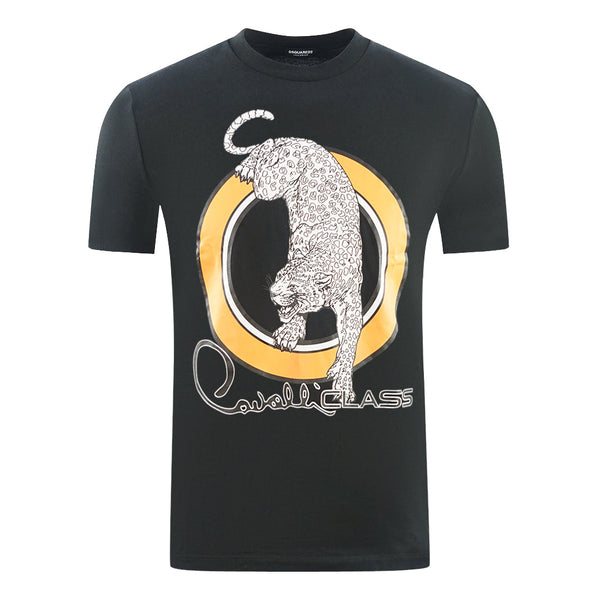 Cavalli Class Circular Leopard Logo Black T Shirt
