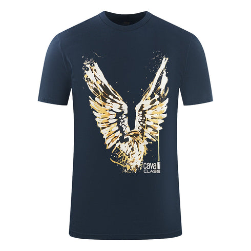 Cavalli Class Large Golden Eagle Logo Navy Blue T Shirt