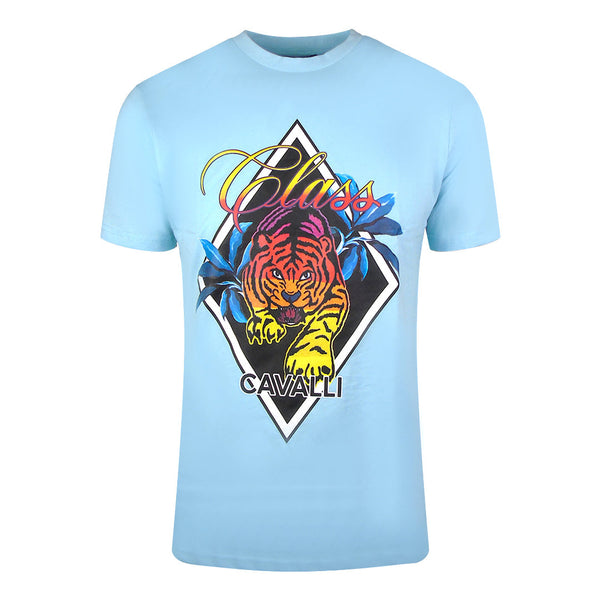Cavalli Class Diamond Tiger Design Light Blue T Shirt Sxt60H Jd060 05048 - Style Centre Wholesale