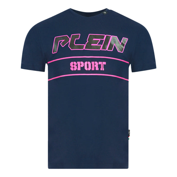 Plein Sport Block Pink Logo Navy Blue T Shirt