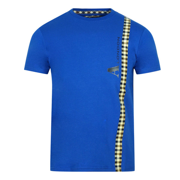 Aquascutum Vertical Check Logo Blue T Shirt
