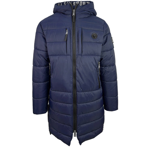 Plein Sport Padded Small Circular Logo Branded Navy Blue Long Jacket - Style Centre Wholesale