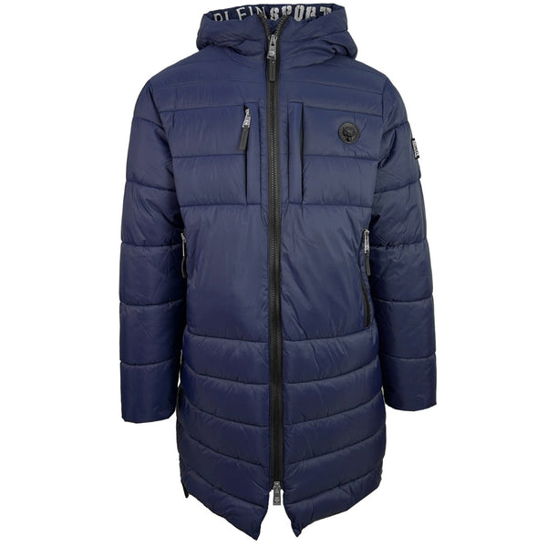 Plein Sport Padded Small Circular Logo Branded Navy Blue Long Jacket - Style Centre Wholesale