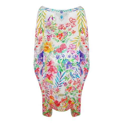 Inoa White Floral 1947 Multi Coloured Floral Short Box Kaftan Cover Up