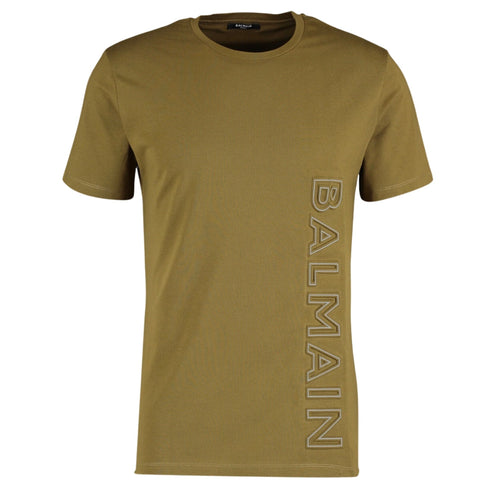 Balmain Brand Embossed Logo Khaki Green T-shirt YH1F0228794 EAB